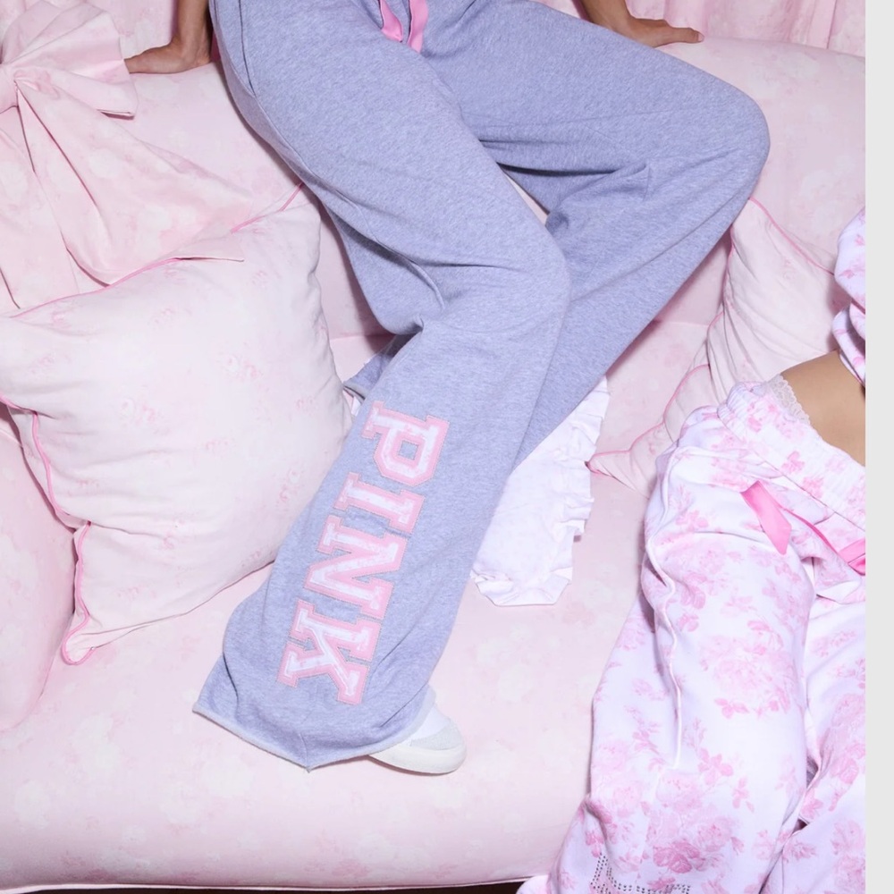LoveShackFancy Gray Joggers with Pink Lettering
